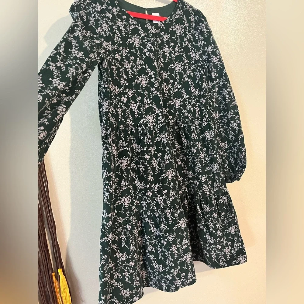 Gap Micro Corduroy Floral Green Girls Dress Tiered Fell Long Sleeves 12  New